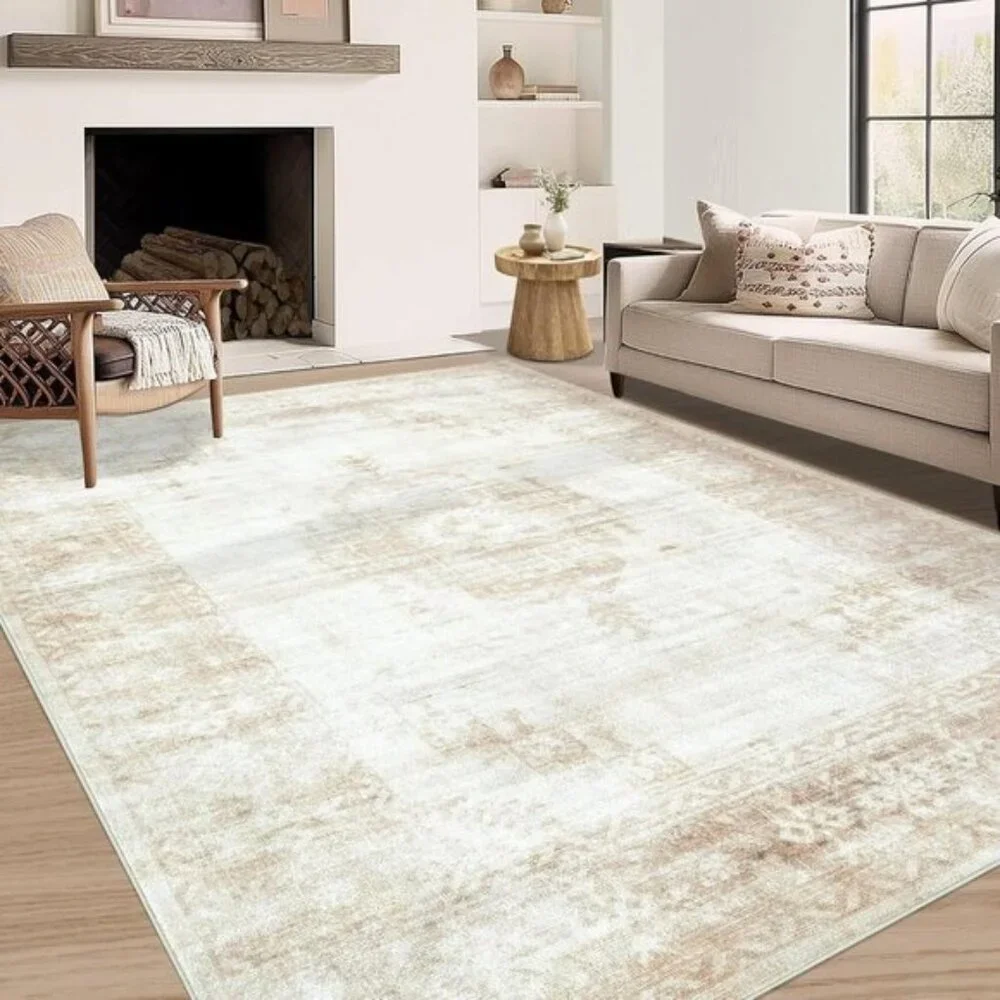 New 5x7 Beige Vintage Area Rug, Washable Boho Non-Slip Carpet for Living Room